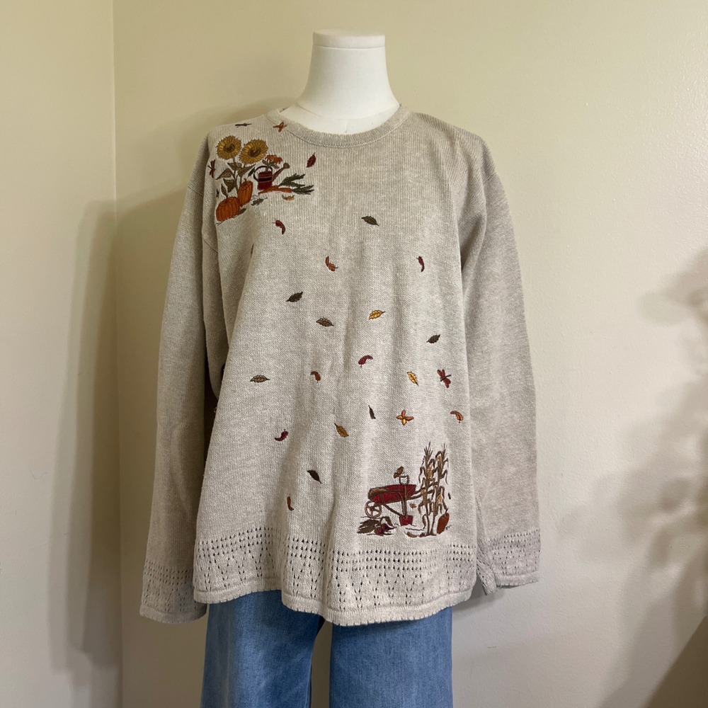Karen Scott Womens XL Fall Embroidered Sweater Oatmeal Ramie Cotton Pumpkins